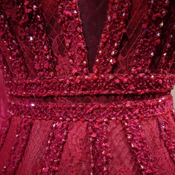 Custom handmade red lace beaded mermaid gown $2500 - Picture 12 of 13